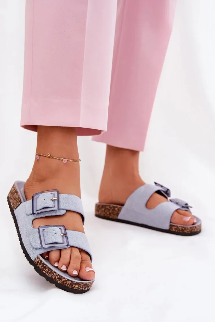 Online Boto Klapki Damskie Z Klamrami Na Korkowej Podeszwie e Sercele Niebieski