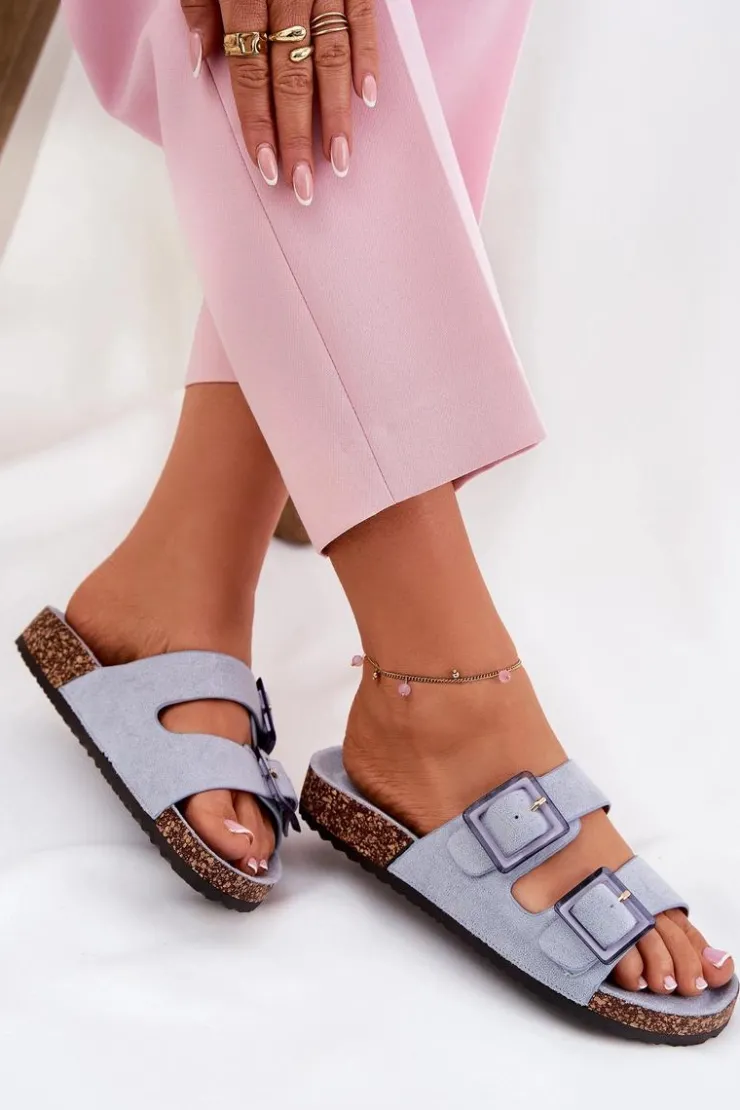 Online Boto Klapki Damskie Z Klamrami Na Korkowej Podeszwie e Sercele Niebieski