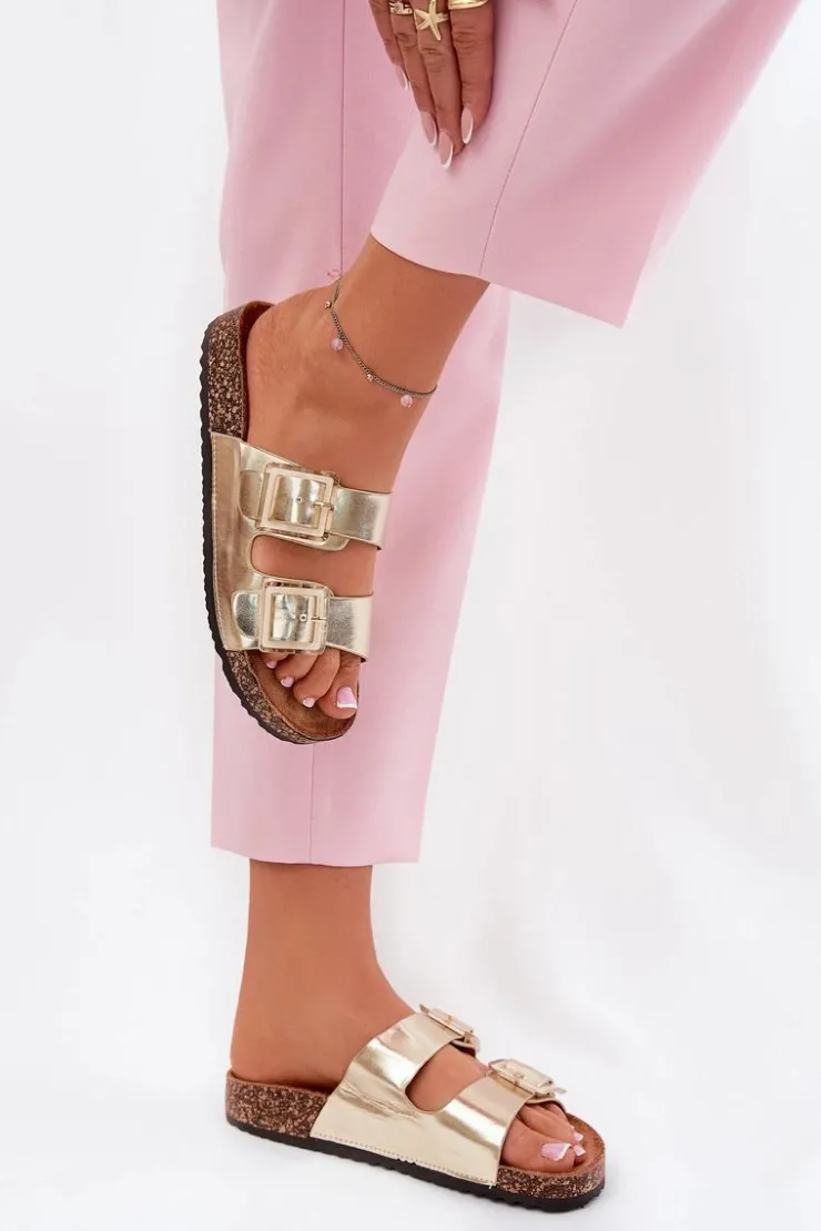 Sale Boto Klapki Damskie Z Klamrami Na Korkowej Podeszwie Złote Sercele