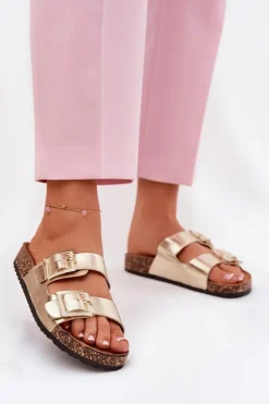 Sale Boto Klapki Damskie Z Klamrami Na Korkowej Podeszwie Złote Sercele