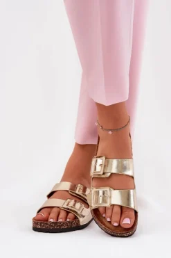 Sale Boto Klapki Damskie Z Klamrami Na Korkowej Podeszwie Złote Sercele