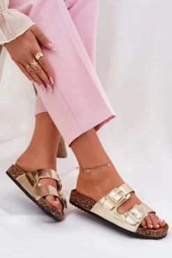 Sale Boto Klapki Damskie Z Klamrami Na Korkowej Podeszwie Złote Sercele