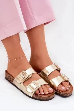 Sale Boto Klapki Damskie Z Klamrami Na Korkowej Podeszwie Złote Sercele