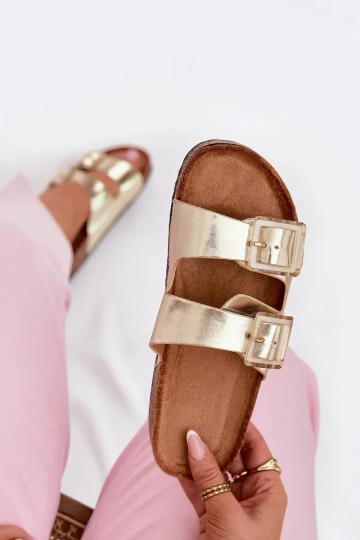 Sale Boto Klapki Damskie Z Klamrami Na Korkowej Podeszwie Złote Sercele