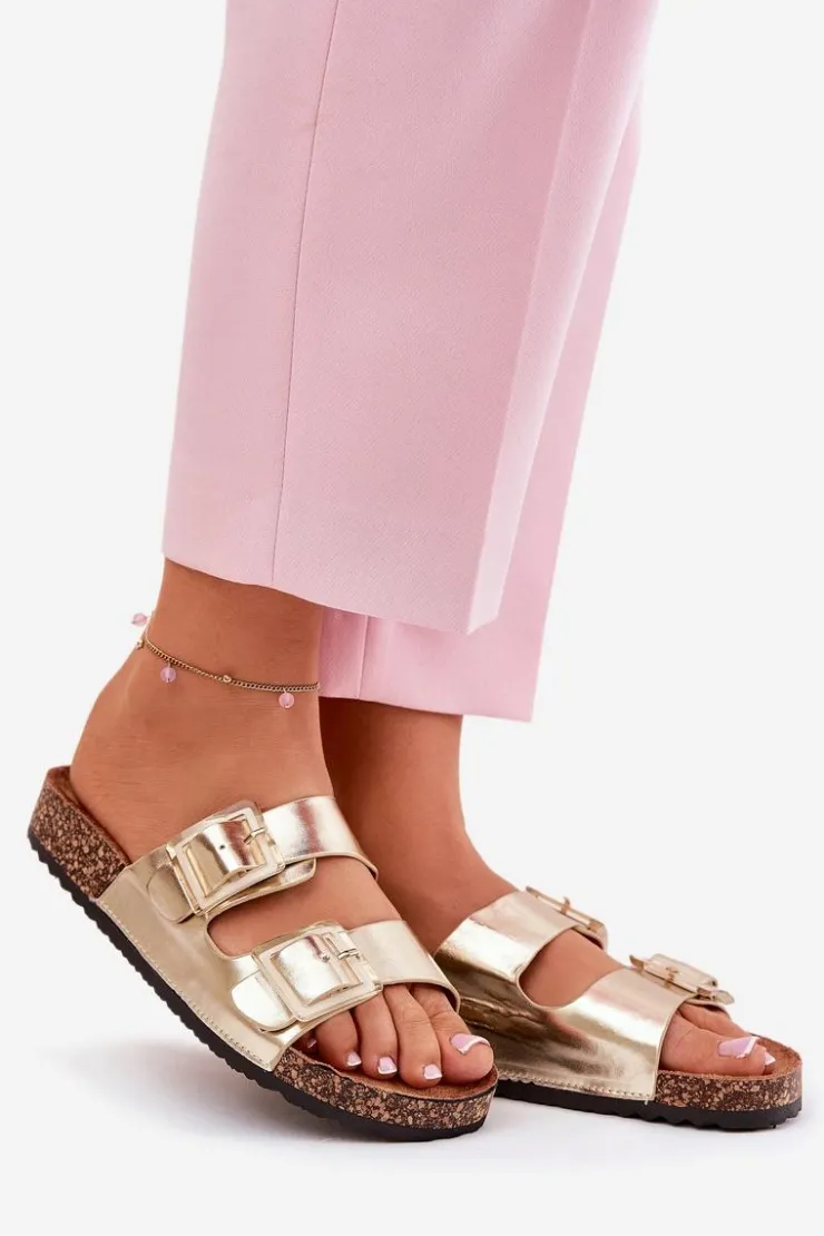 Sale Boto Klapki Damskie Z Klamrami Na Korkowej Podeszwie Złote Sercele