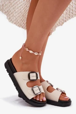 Damskie Boto Klapki Damskie Z Klamrami Na Platformie Beżowe Elamas