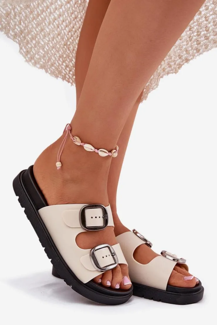 Damskie Boto Klapki Damskie Z Klamrami Na Platformie Beżowe Elamas