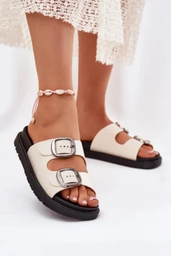 Damskie Boto Klapki Damskie Z Klamrami Na Platformie Beżowe Elamas