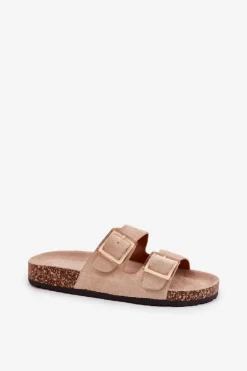 Damskie Boto Klapki Damskie Z Klamrami Na Korkowej Podeszwie Beżowe Sercele