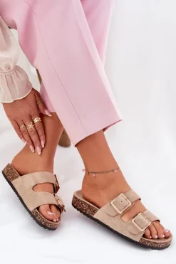 Damskie Boto Klapki Damskie Z Klamrami Na Korkowej Podeszwie Beżowe Sercele