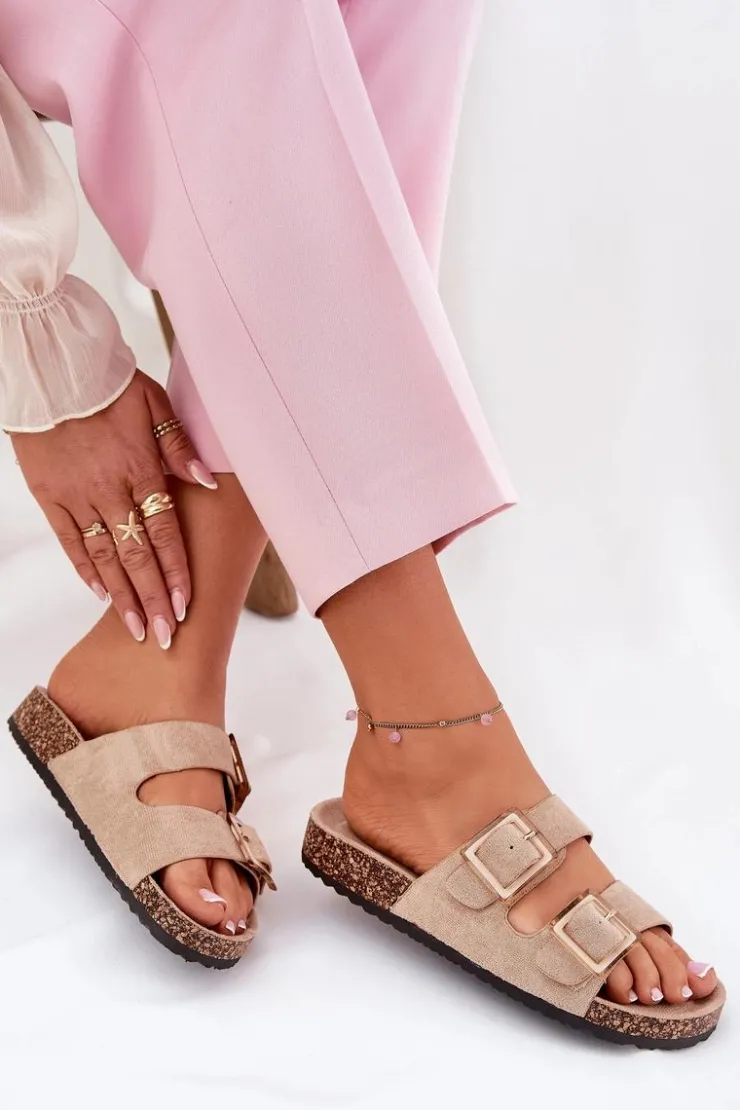 Damskie Boto Klapki Damskie Z Klamrami Na Korkowej Podeszwie Beżowe Sercele