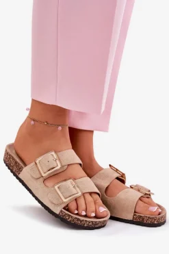 Damskie Boto Klapki Damskie Z Klamrami Na Korkowej Podeszwie Beżowe Sercele