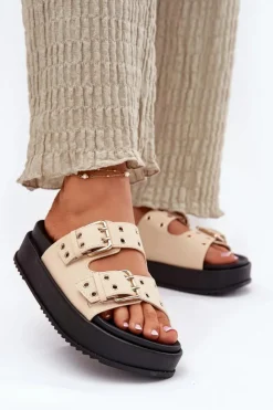 Damskie Boto Klapki Damskie Z Klamrami Na Platformie Beżowe Nilatha