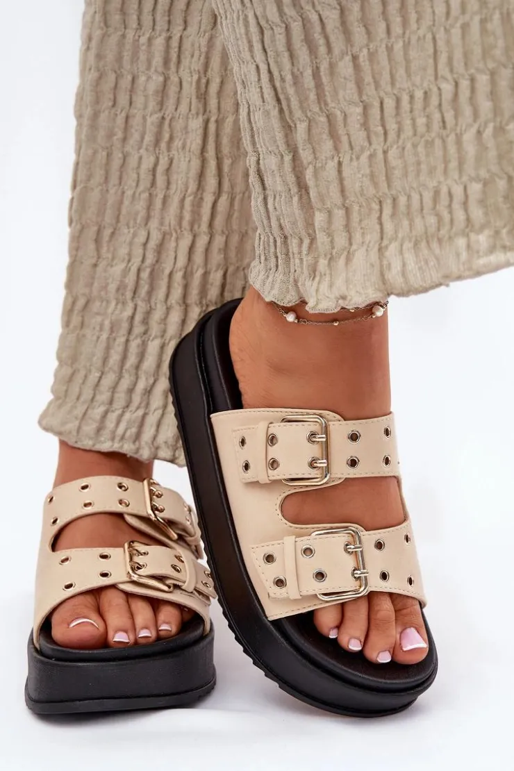 Damskie Boto Klapki Damskie Z Klamrami Na Platformie Beżowe Nilatha