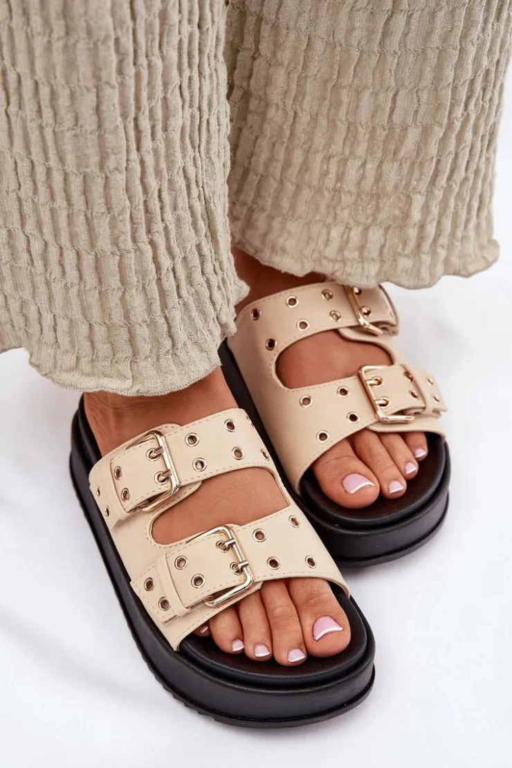 Damskie Boto Klapki Damskie Z Klamrami Na Platformie Beżowe Nilatha