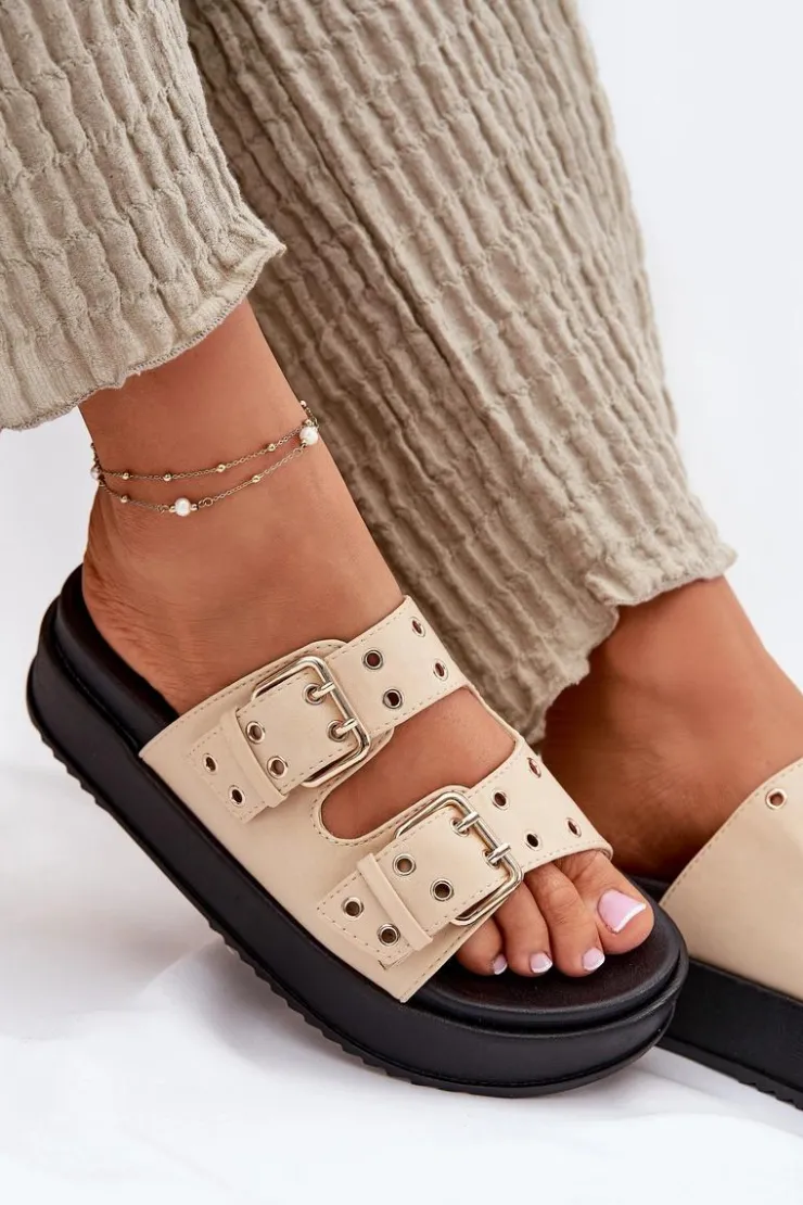 Damskie Boto Klapki Damskie Z Klamrami Na Platformie Beżowe Nilatha