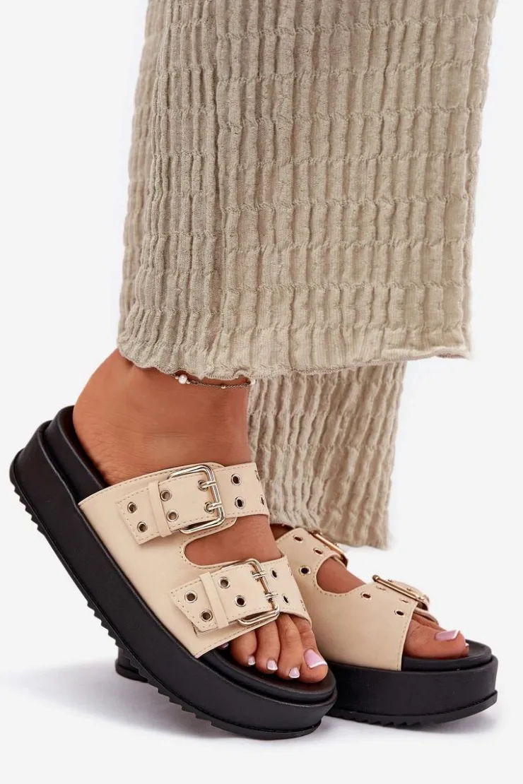 Damskie Boto Klapki Damskie Z Klamrami Na Platformie Beżowe Nilatha