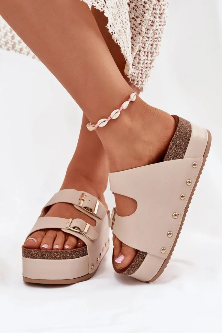 Damskie Boto Klapki Damskie Z Klamrami Na Masywnej Platformie Beżowe Odisene