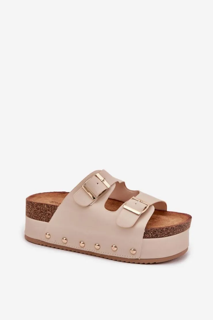 Damskie Boto Klapki Damskie Z Klamrami Na Masywnej Platformie Beżowe Odisene