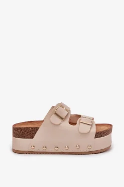 Damskie Boto Klapki Damskie Z Klamrami Na Masywnej Platformie Beżowe Odisene