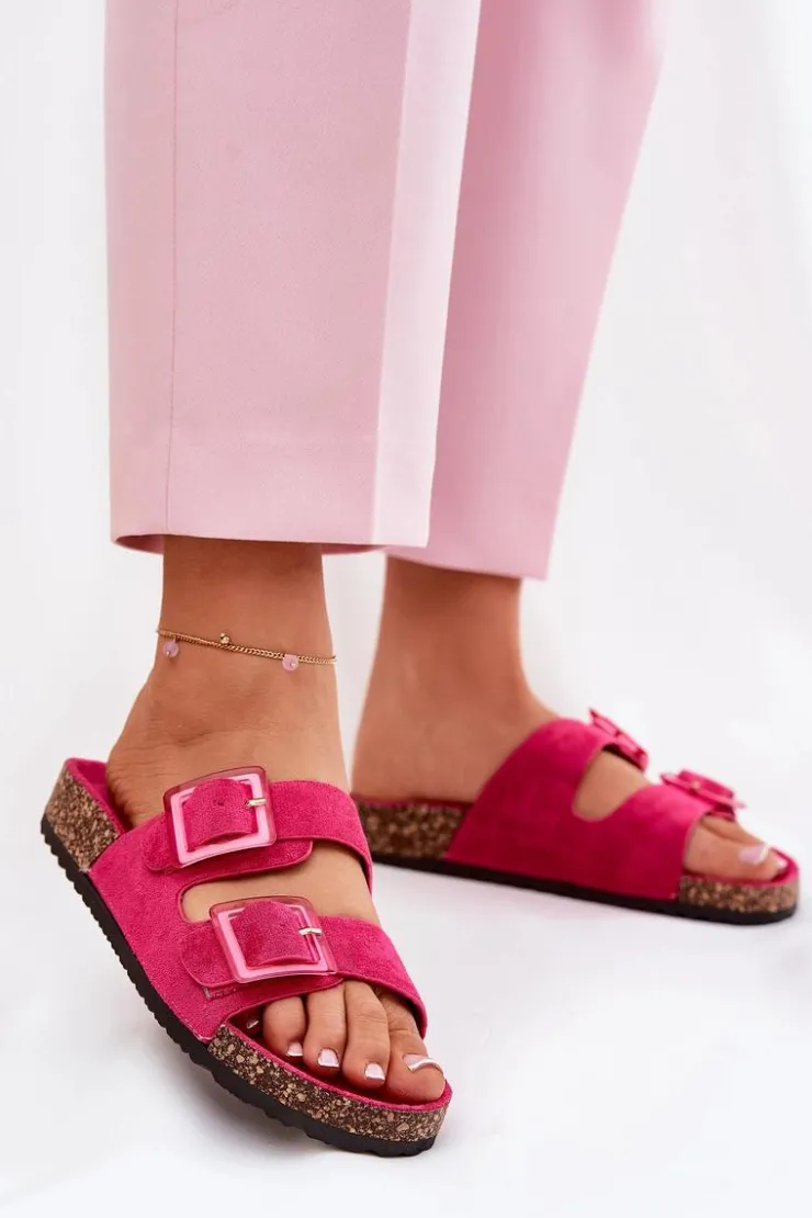 Damskie Boto Klapki Damskie Z Klamrami Na Korkowej Podeszwie Fuksja Sercele