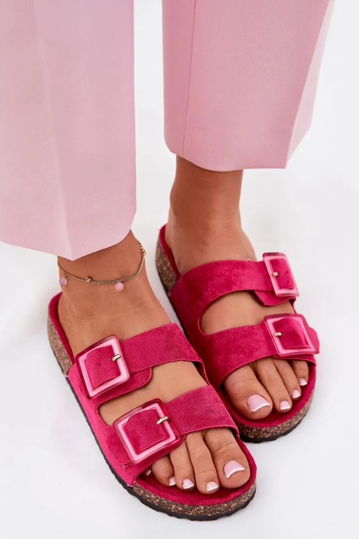 Damskie Boto Klapki Damskie Z Klamrami Na Korkowej Podeszwie Fuksja Sercele
