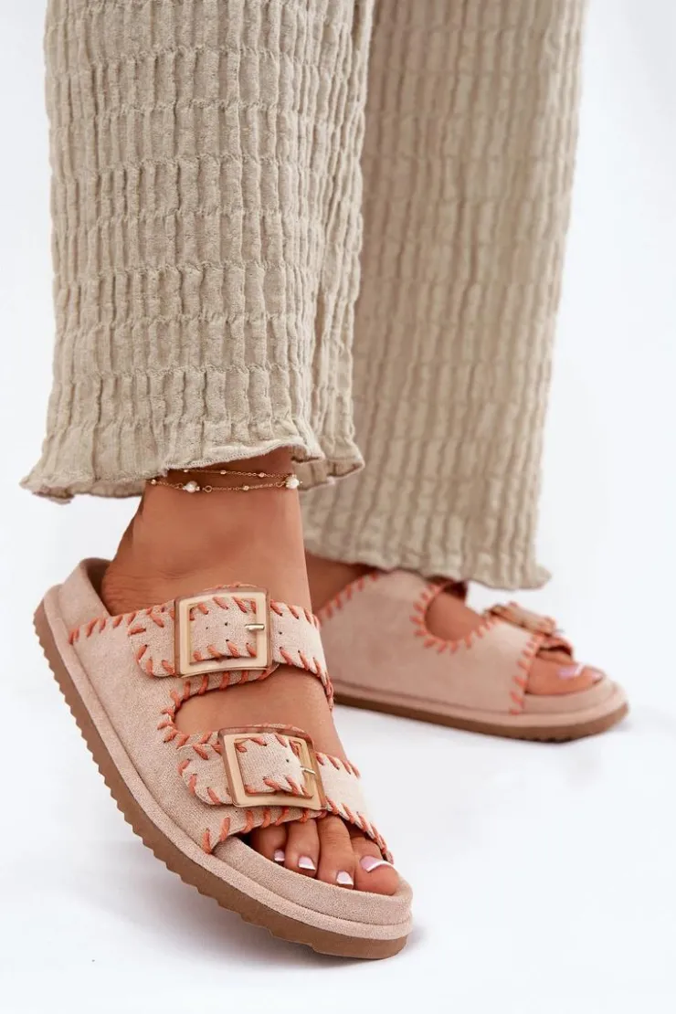 Damskie Boto Klapki Damskie Z Klamrami I Ozdobnym Obszyciem Beżowe Visley