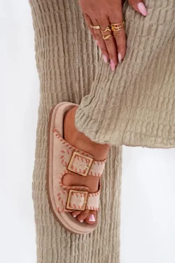 Damskie Boto Klapki Damskie Z Klamrami I Ozdobnym Obszyciem Beżowe Visley