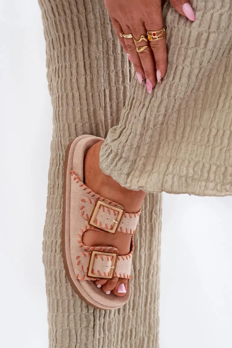 Damskie Boto Klapki Damskie Z Klamrami I Ozdobnym Obszyciem Beżowe Visley