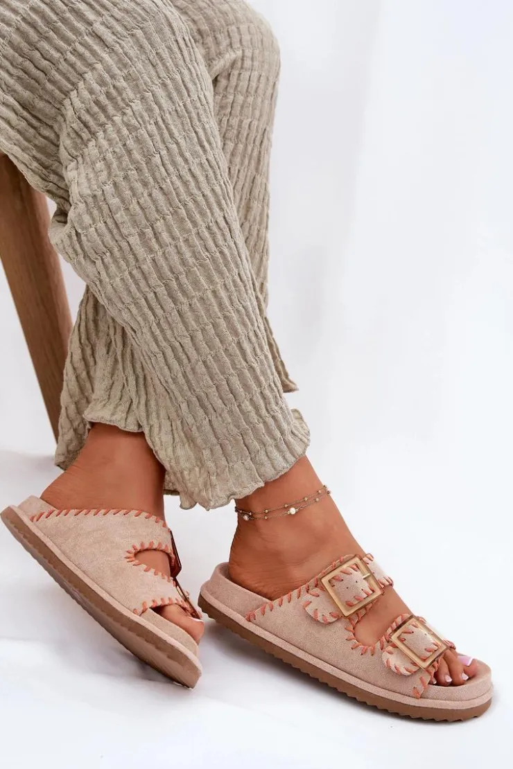 Damskie Boto Klapki Damskie Z Klamrami I Ozdobnym Obszyciem Beżowe Visley