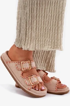 Damskie Boto Klapki Damskie Z Klamrami I Ozdobnym Obszyciem Beżowe Visley