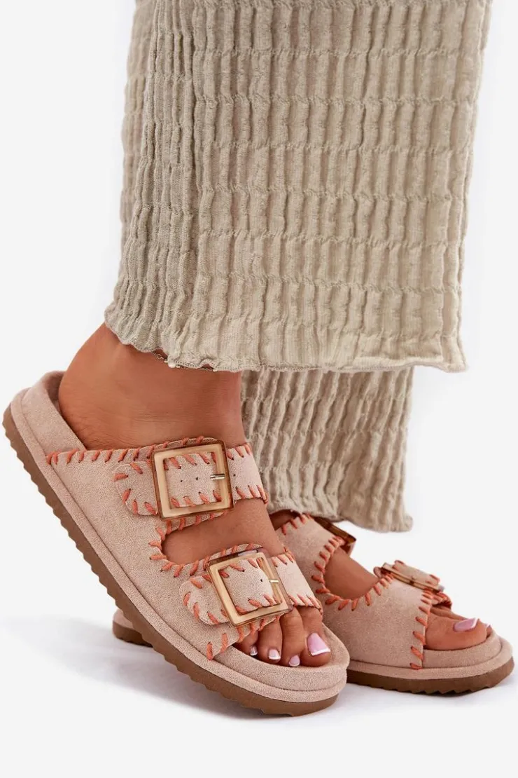 Damskie Boto Klapki Damskie Z Klamrami I Ozdobnym Obszyciem Beżowe Visley