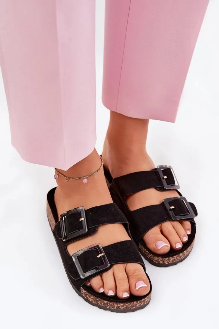 Boto Klapki Korkowe|Klapki Na Platformie*Klapki Damskie Z Klamrami Na Korkowej Podeszwie Czarne Sercele Czarny