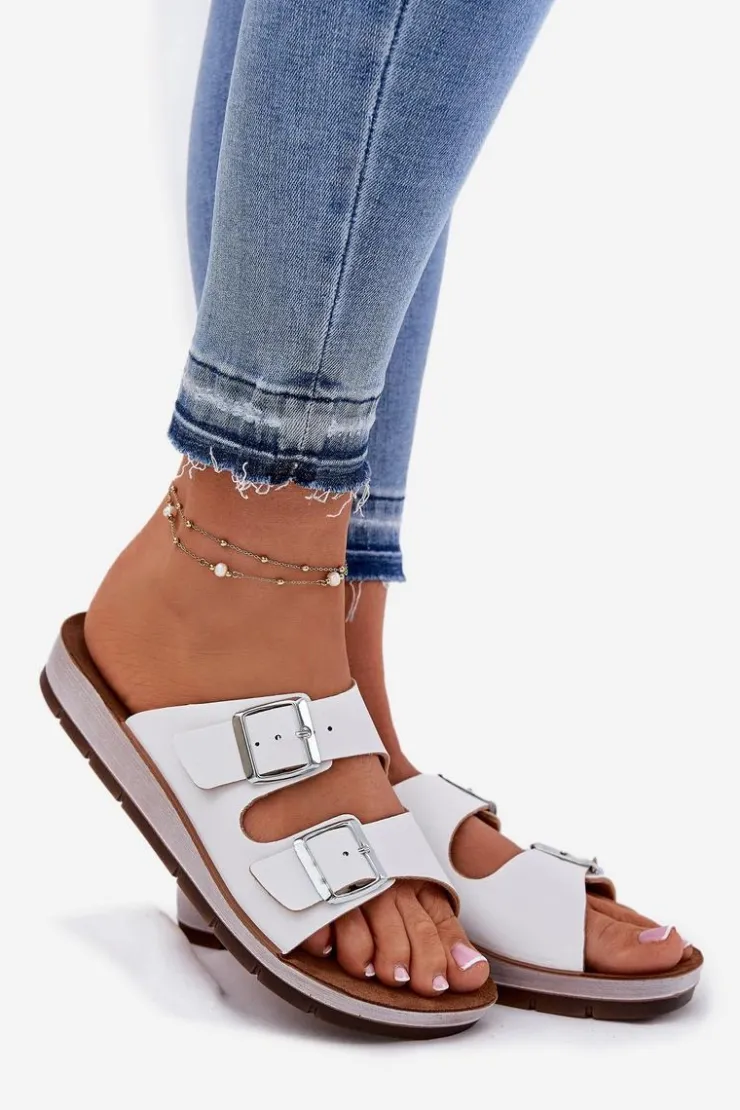 INBLU Klapki Damskie Klasyczne*Klapki Damskie Z Klamrami CP000042 Białe Biały