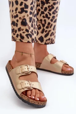 Boto Klapki Damskie Klasyczne*Klapki Damskie Z Klamrami Złote Fronila Złoty