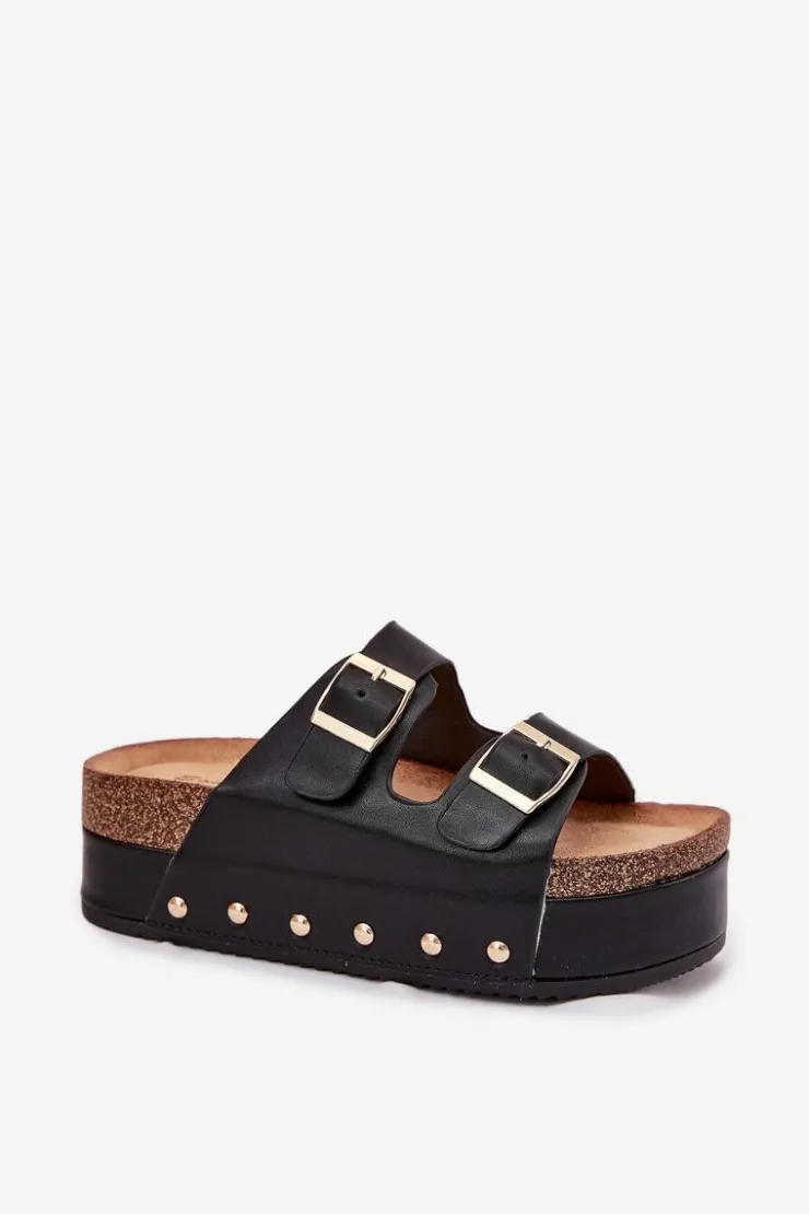 Boto Klapki Korkowe|Klapki Na Platformie*Klapki Damskie Z Klamrami Na Masywnej Platformie Czarne Odisene