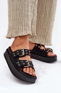 Damskie Boto Klapki Damskie Z Klamrami Na Platformie Czarne Nilatha