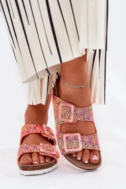 Damskie buty S.Barski Klapki Korkowe|Klapki Na Platformie*Klapki Damskie Z Klamrami I Brokatem S.Barski RB51-006 Pomarańczowe Pomarańczowy