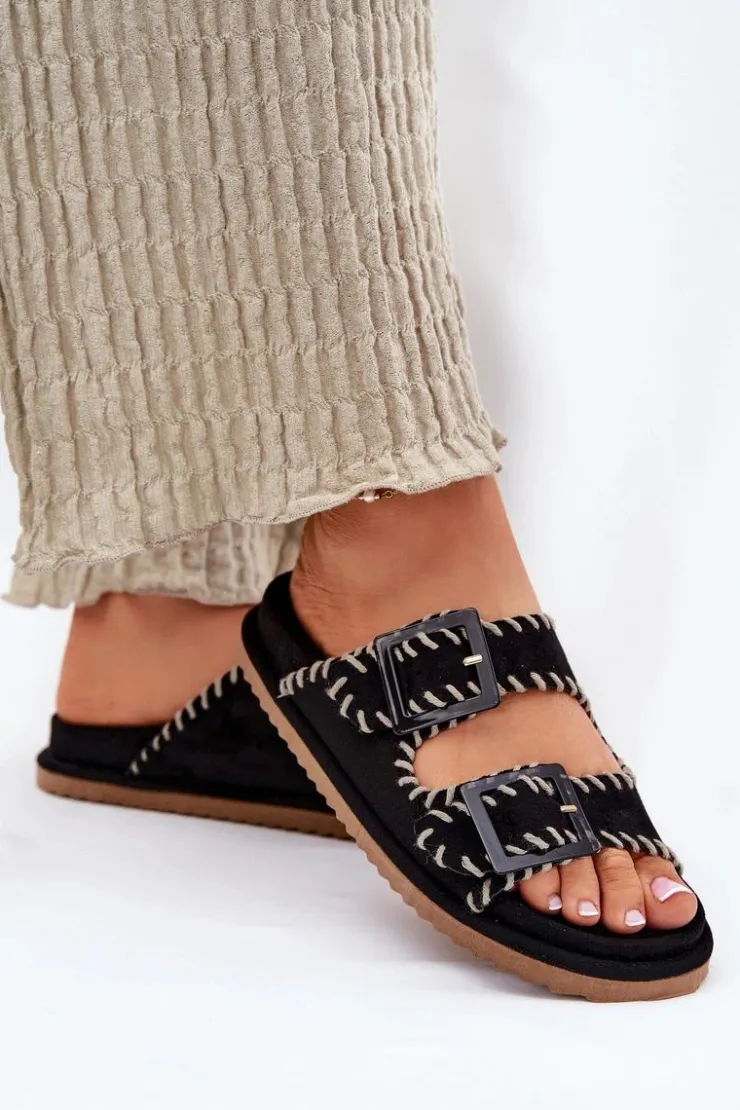 Sale Boto Klapki Damskie Z Klamrami I Ozdobnym Obszyciem Czarne Visley Czarny