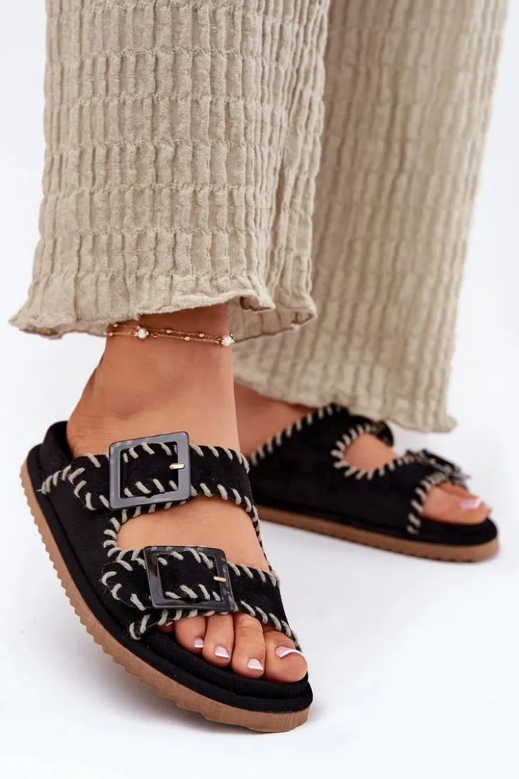 Sale Boto Klapki Damskie Z Klamrami I Ozdobnym Obszyciem Czarne Visley Czarny