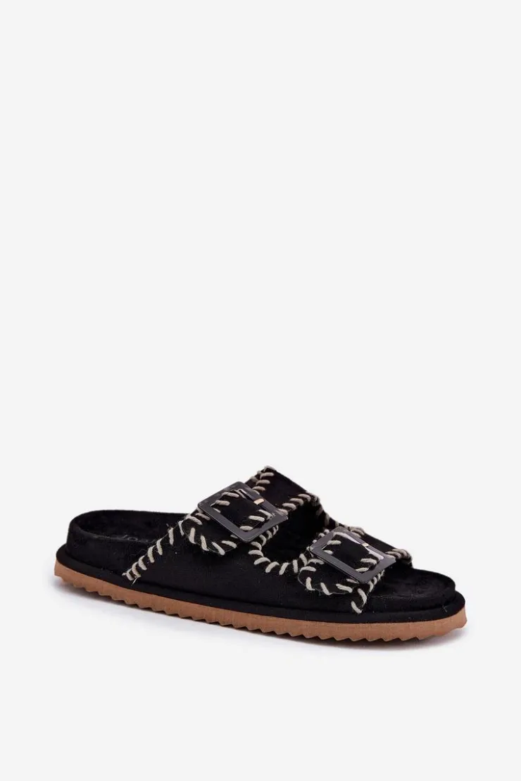 Sale Boto Klapki Damskie Z Klamrami I Ozdobnym Obszyciem Czarne Visley Czarny