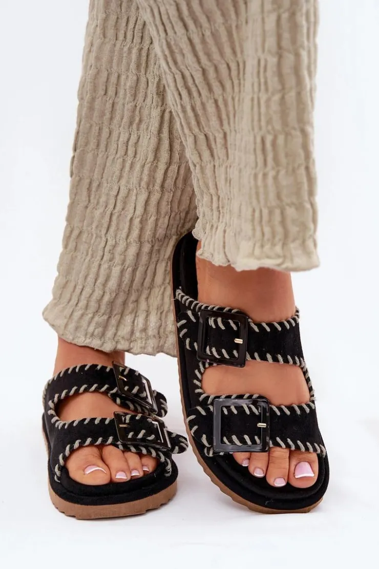 Sale Boto Klapki Damskie Z Klamrami I Ozdobnym Obszyciem Czarne Visley Czarny