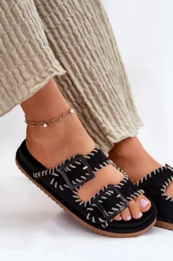 Sale Boto Klapki Damskie Z Klamrami I Ozdobnym Obszyciem Czarne Visley Czarny