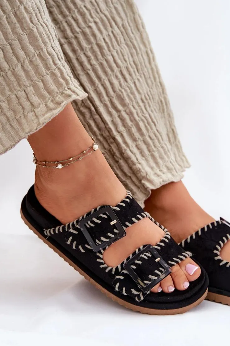 Sale Boto Klapki Damskie Z Klamrami I Ozdobnym Obszyciem Czarne Visley Czarny