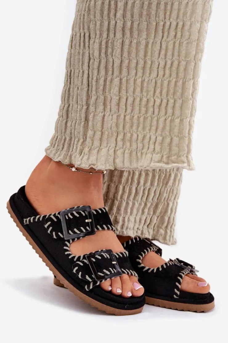 Sale Boto Klapki Damskie Z Klamrami I Ozdobnym Obszyciem Czarne Visley Czarny