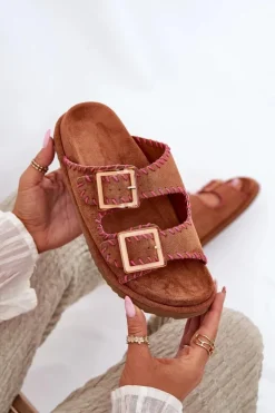 Damskie Boto Klapki Damskie Z Klamrami I Ozdobnym Obszyciem Camel Visley