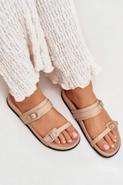 Best Boto Klapki Damskie Z Klamrami Beżowe Brinella Beżowy