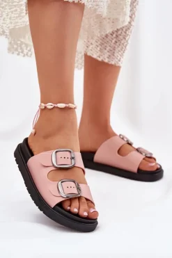 Boto Klapki Damskie Z Klamrami Na Platformie Różowe Elamas Różowy