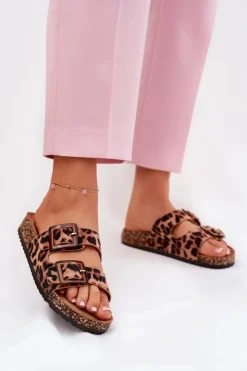 Damskie Boto Klapki Damskie Z Klamrami Na Korkowej Podeszwie Panterka Brązowe Sercele