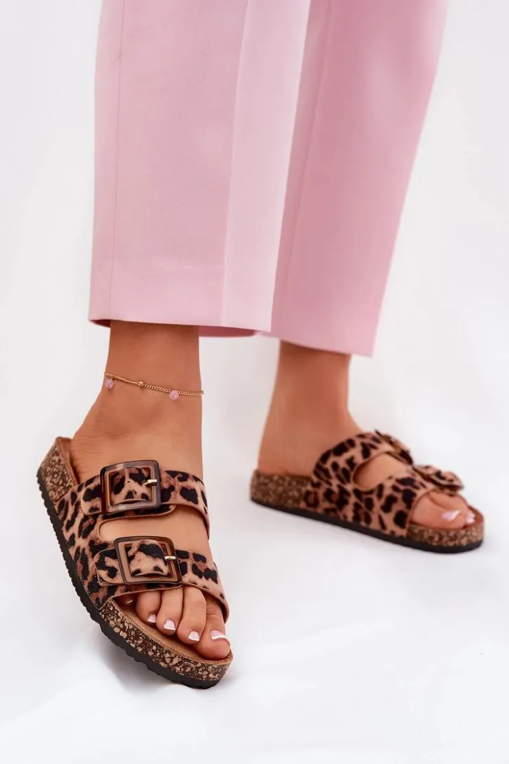 Damskie Boto Klapki Damskie Z Klamrami Na Korkowej Podeszwie Panterka Brązowe Sercele